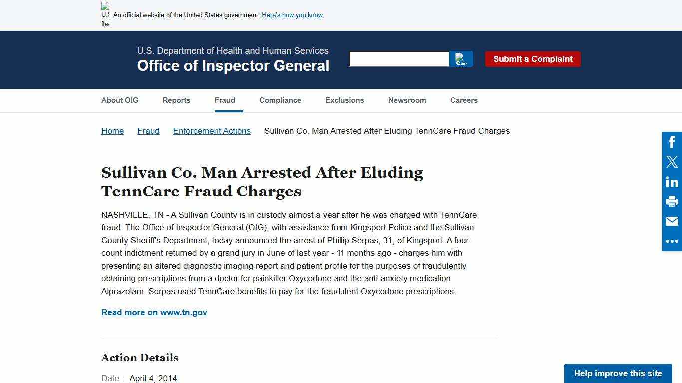 Sullivan Co. Man Arrested After Eluding TennCare Fraud Charges | Office of Inspector General | Government Oversight | U.S. Department of Health and Human Services